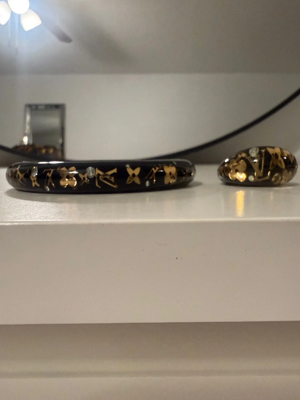 Louis Vuitton Acrylic Bangle bracelet & Ring set w Gold Floral & Crystals